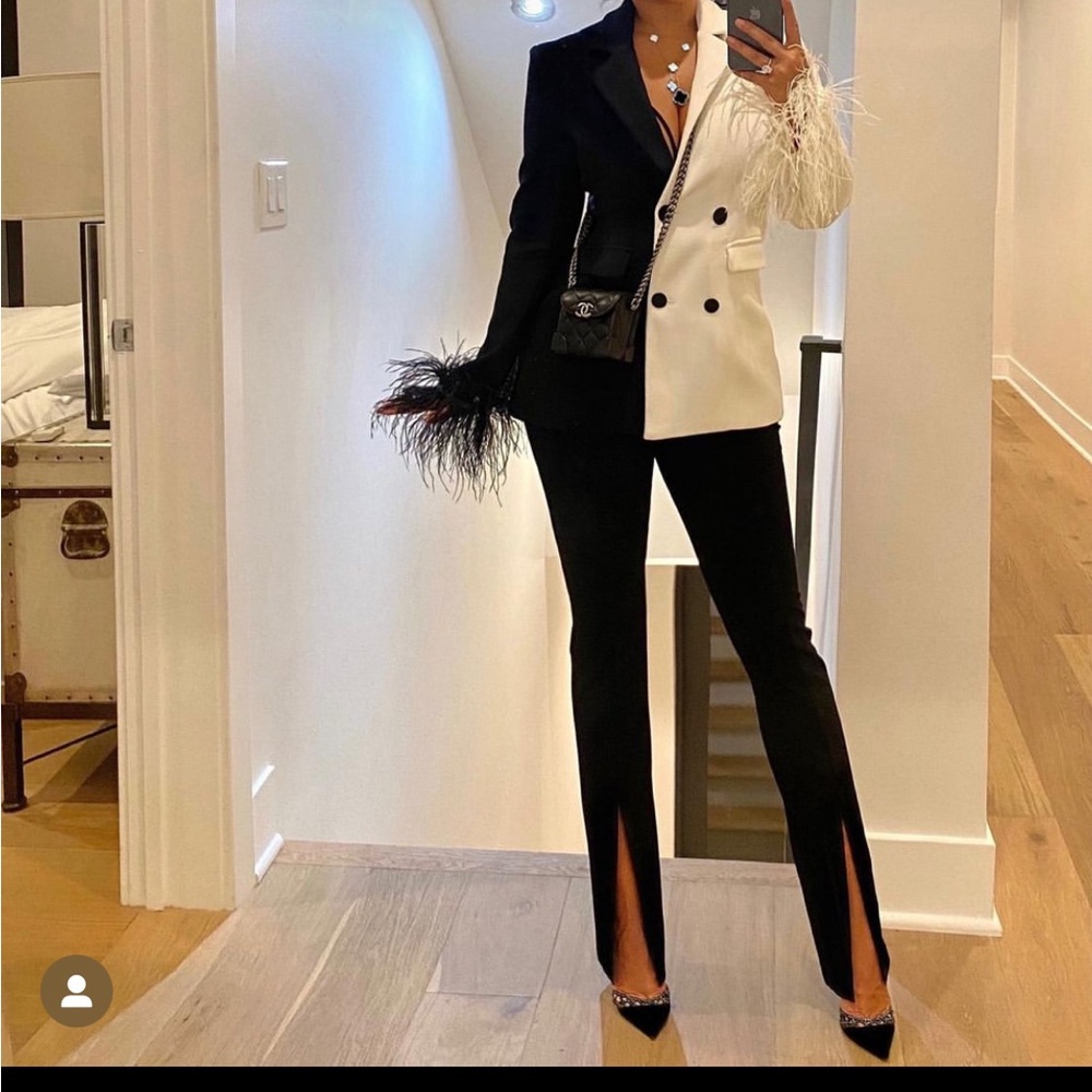 Black and white feather sleeve blazer